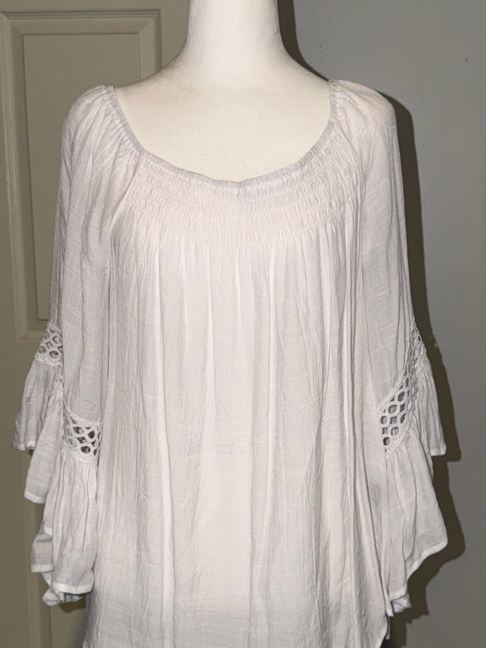 Unique Spectrum White Boho Peasant Tunic with Crochet Sleeve Detail